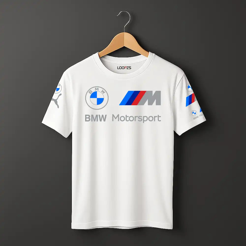 Men’s black PUMA x BMW M Motorsport T-shirt with bold branding across front, shown on flat or mannequin.