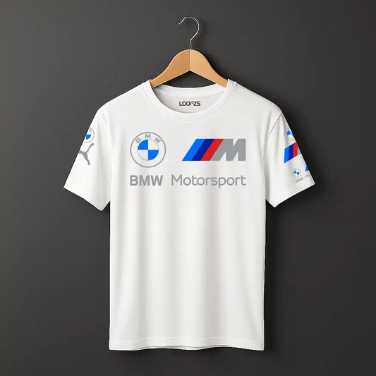 Men’s black PUMA x BMW M Motorsport T-shirt with bold branding across front, shown on flat or mannequin.