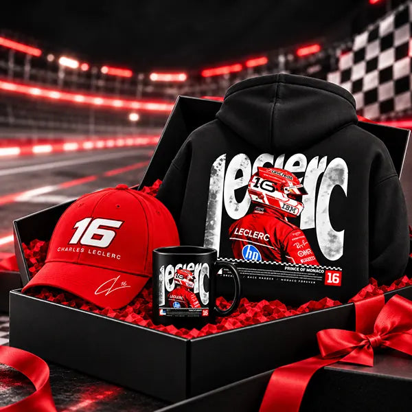 Red racing gift box with number 16 black hoodie, red racing cap and black racing mug in a black box with red ribbon