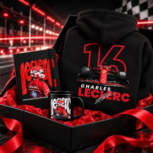 Red racing gift box with number 16 black hoodie with red race car print, black racing notebook and black racing mug in a black box with red ribbon