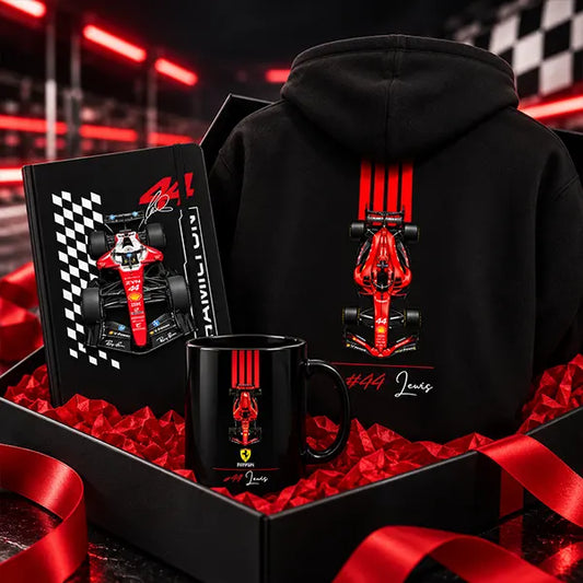 Red racing gift box with number 44 black hoodie with red race car stripes, black racing notebook and black racing mug in a black box with red ribbon