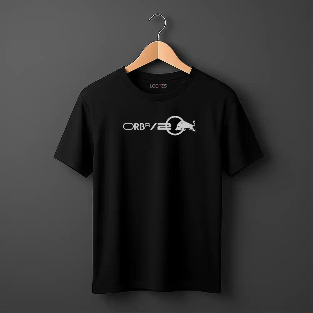 Black t-shirt with a logo on a hanger against a dark background
