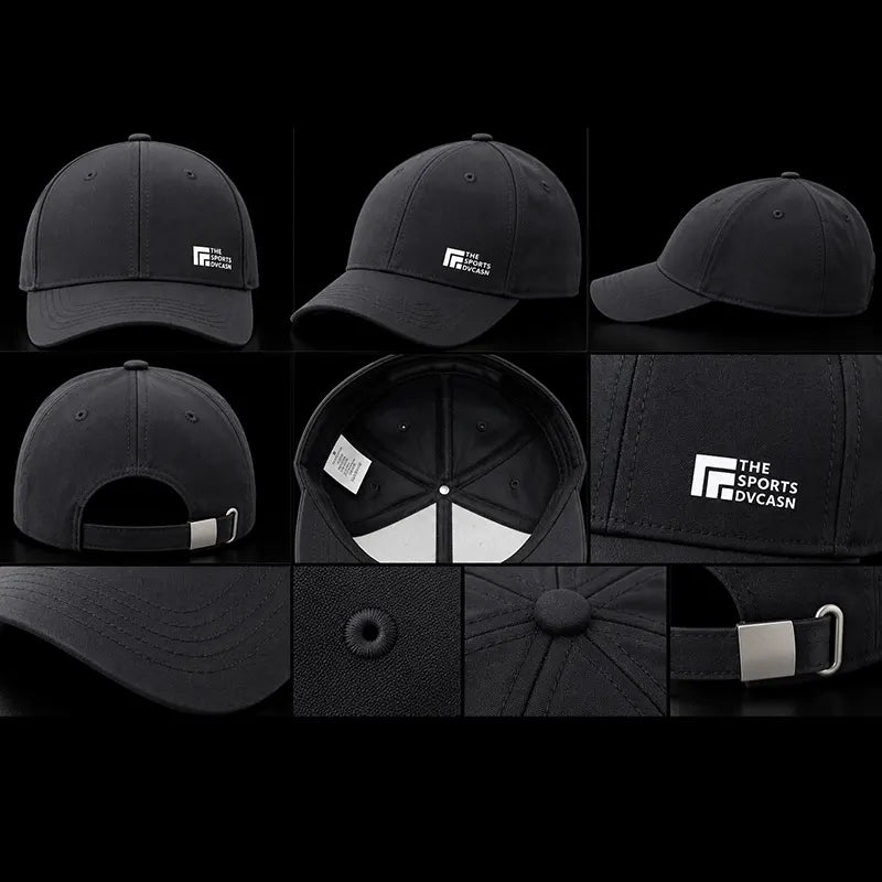 Black printed logo cap front, side, back, inside and detail views, Loopzs Pakistan
