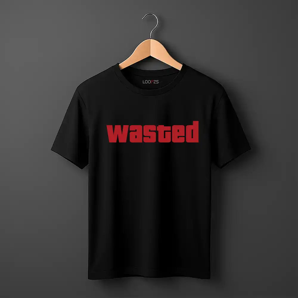 Black t-shirt with 'wasted' in red on a hanger against a dark background