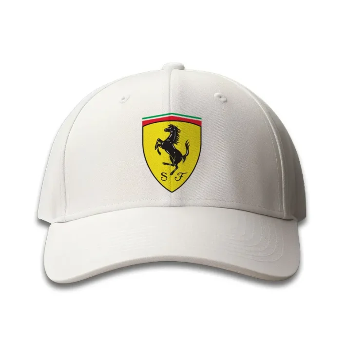 Ferrari DTF logo on the front of white cap