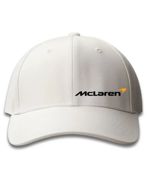 front of white cap having Mclaren Logo in DTF printing