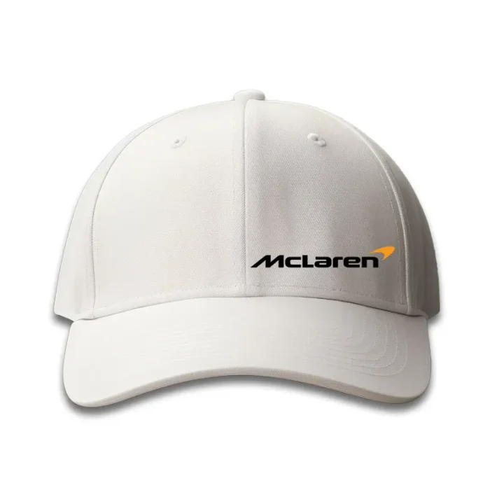 front of white cap having Mclaren Logo in DTF printing