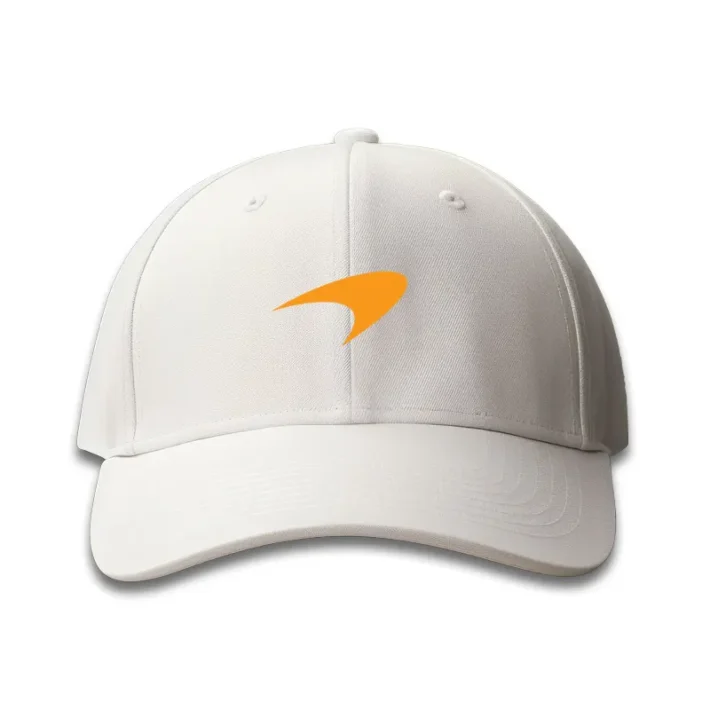 White McLaren Logo cap on front with dtf printing