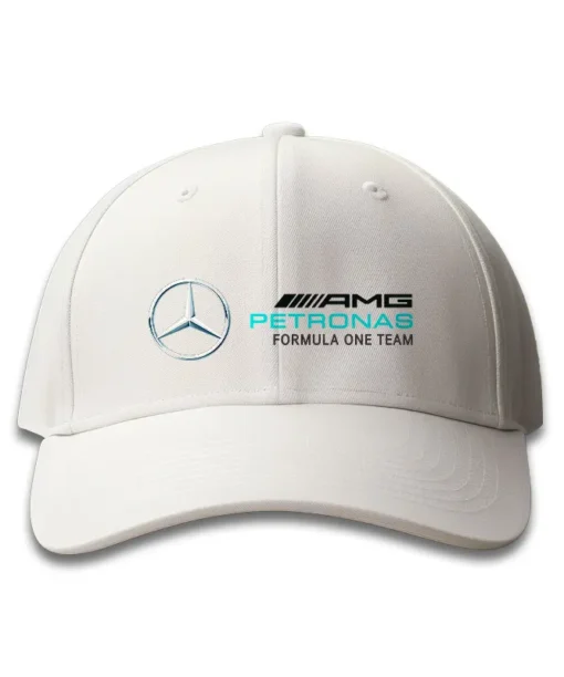 mercedes AMG logo on the front of white cap in DTF printing